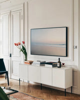 Sea Side Bright Side by Jocelyn Elizabeth. shown as a framed stretched canvas in a living room above a console. Available as a archival giclee rolled canvas, fine art paper, or poster print. SKU 102959i.