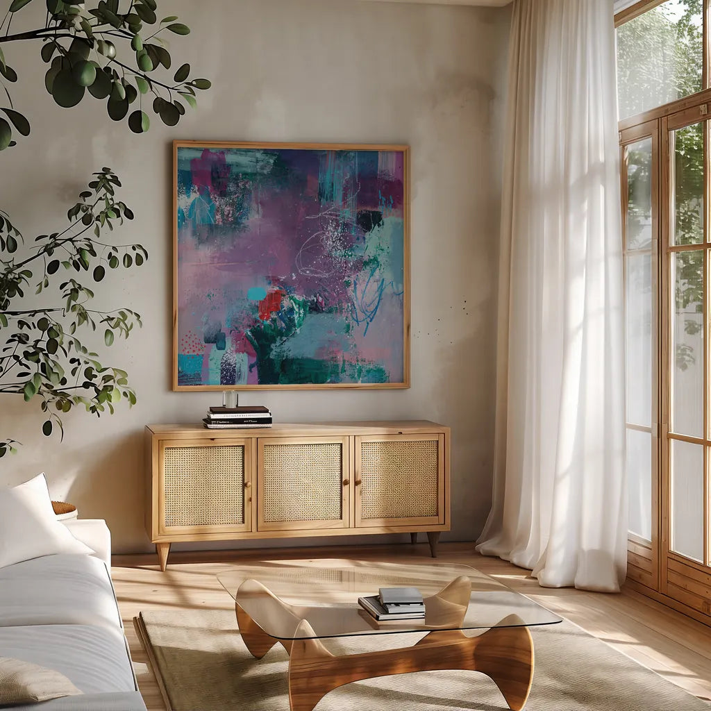 Somewhere by Jocelyn Elizabeth. Shown in a natural wood frame in a cozy modern living room. Available as an archival giclee rolled canvas, fine art paper, or poster print. SKU 94753a.