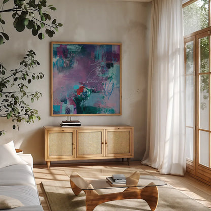 Somewhere by Jocelyn Elizabeth. Shown in a natural wood frame in a cozy modern living room. Available as an archival giclee rolled canvas, fine art paper, or poster print. SKU 94753a.