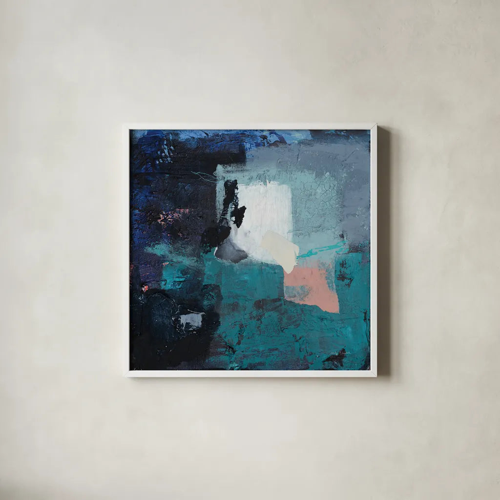 Suddenly Dreaming Again by Jocelyn Elizabeth. Shown in a crisp white glass frame for a clean and minimalist style. Available as an archival giclee rolled canvas, fine art paper, or poster print. SKU 94754a.