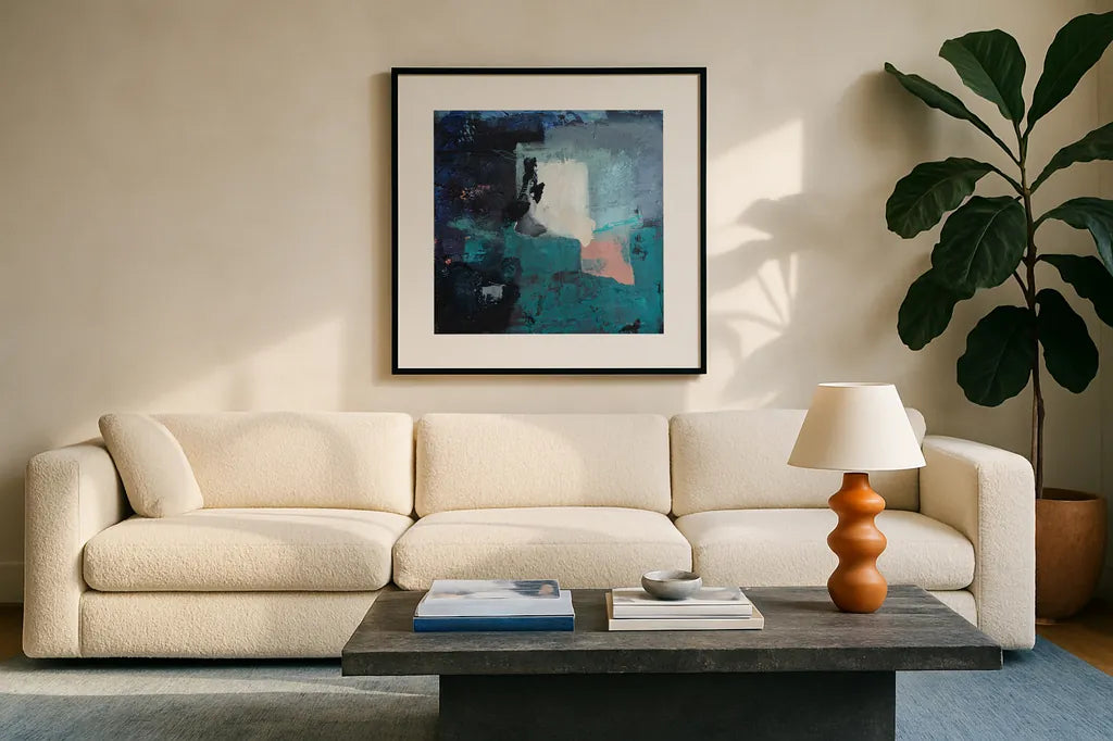Suddenly Dreaming Again by Jocelyn Elizabeth. Displayed in a glass frame with matte in a clean modern living room. Available as an archival giclee rolled canvas, fine art paper, or poster print. SKU 94754a.