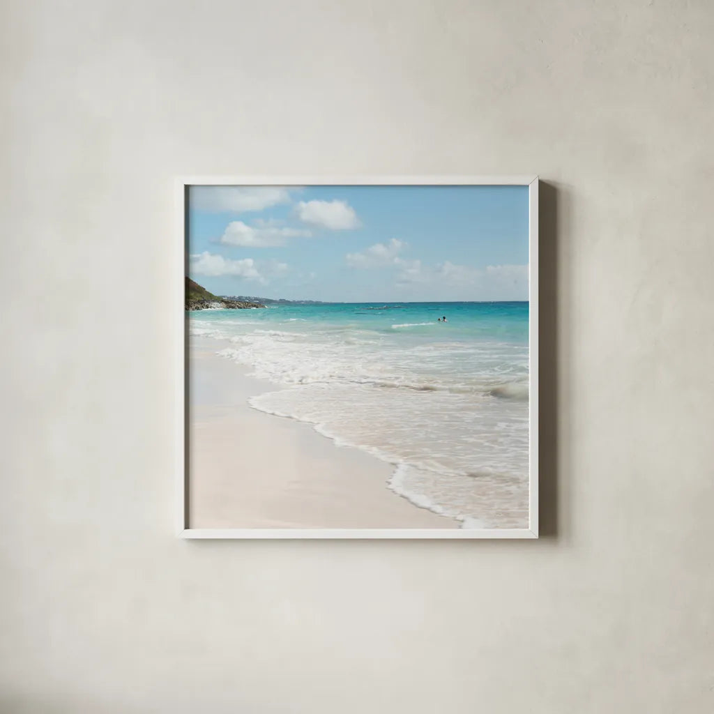 Summer Swim by Jocelyn Elizabeth. Shown in a crisp white glass frame for a clean and minimalist style. Available as an archival giclee rolled canvas, fine art paper, or poster print. SKU 99318a.