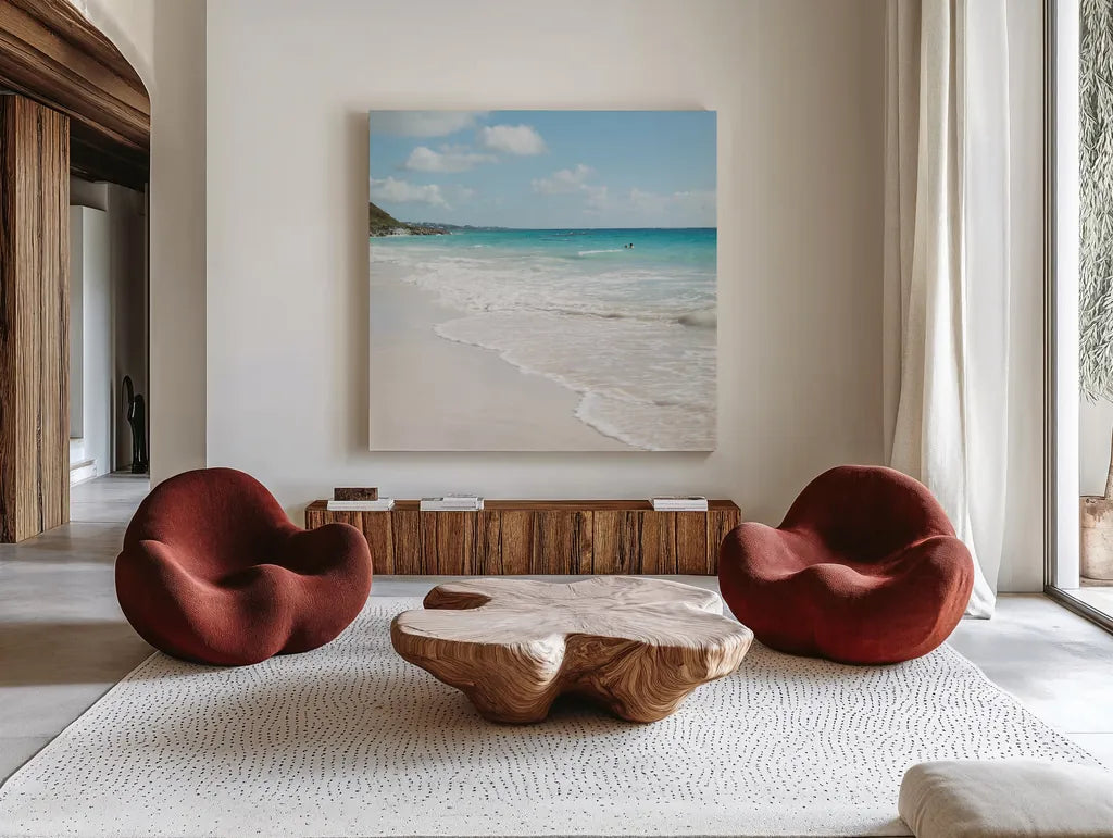 Summer Swim by Jocelyn Elizabeth. Shown as extra-large giant wall art in a modern living room. Available as an archival giclee rolled canvas, fine art paper, or poster print. SKU 99318a.