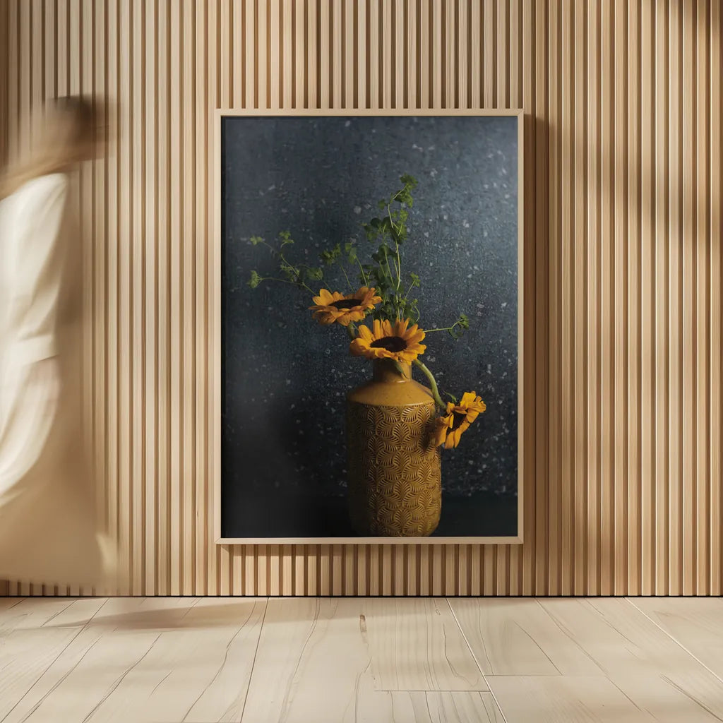 Sunflower Still Life by Jocelyn Elizabeth. shown as over sized large wall art. Available as an archival giclee rolled canvas, fine art paper, or poster print. SKU 94035h.