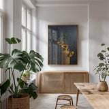 Sunflower Still Life by Jocelyn Elizabeth. shown as a print in a natural wood frame in a dining room. Available as a archival giclee rolled canvas, fine art paper, or poster print. SKU 94035h.
