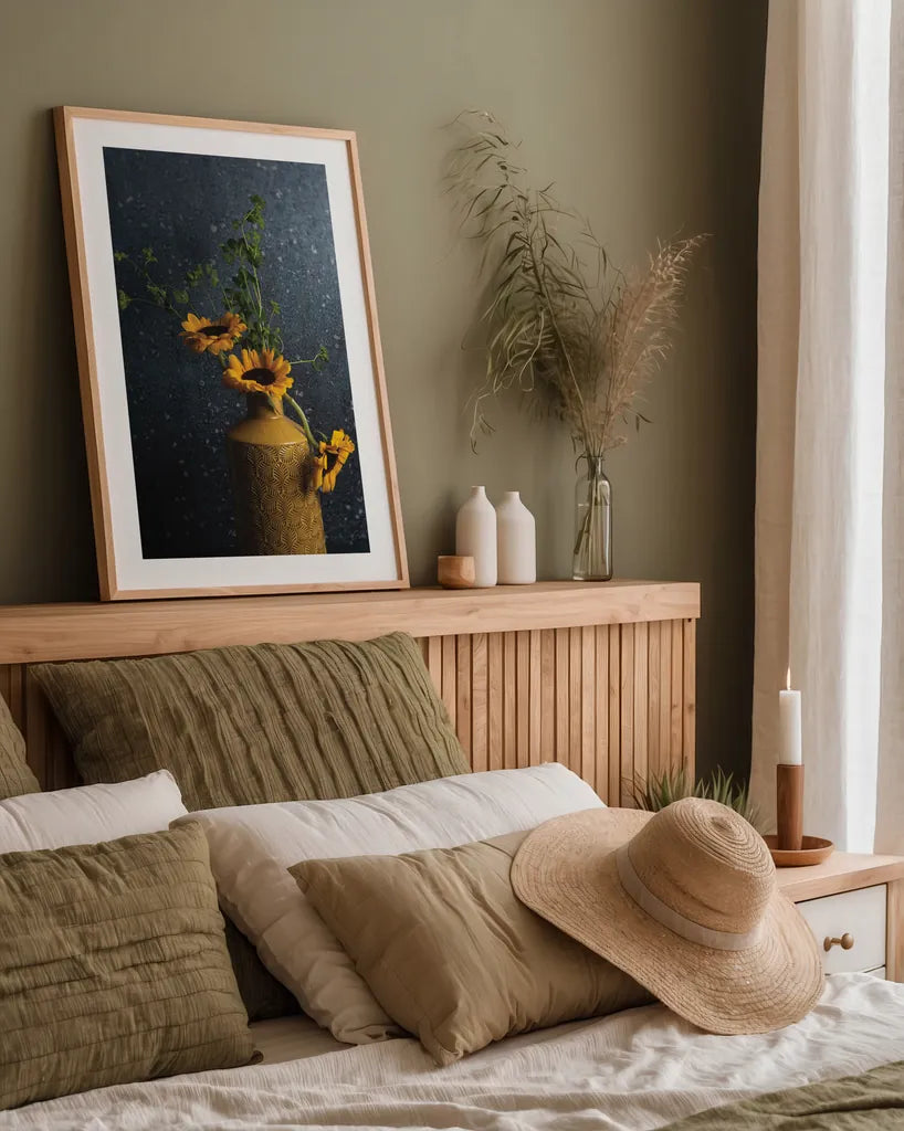 Sunflower Still Life by Jocelyn Elizabeth. shown as a paper print in a natural frame. Available as a archival giclee rolled canvas, fine art paper, or poster print. SKU 94035h.