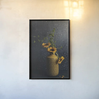 Sunflower Still Life by Jocelyn Elizabeth. shown as a paper print in a black flame. Available as a archival giclee rolled canvas, fine art paper, or poster print. SKU 94035h.
