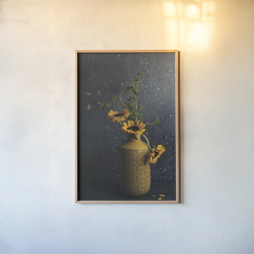 Sunflower Still Life by Jocelyn Elizabeth. shown as a paper print in a natural frame. Available as a archival giclee rolled canvas, fine art paper, or poster print. SKU 94035h.