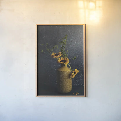 Sunflower Still Life by Jocelyn Elizabeth. shown as a paper print in a natural frame. Available as a archival giclee rolled canvas, fine art paper, or poster print. SKU 94035h.