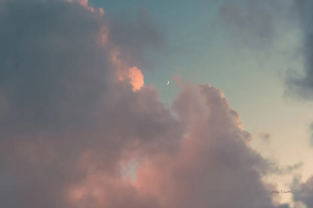 Sunset Crescent Moon by Jocelyn Elizabeth. SKU 102108i. Archival Giclee Fine art print for wall decor.