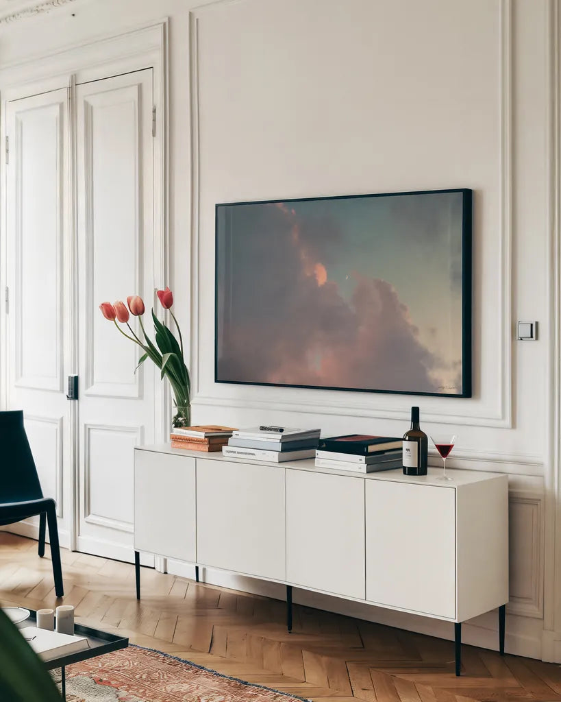 Sunset Crescent Moon by Jocelyn Elizabeth. shown as a framed stretched canvas in a living room above a console. Available as a archival giclee rolled canvas, fine art paper, or poster print. SKU 102108i.