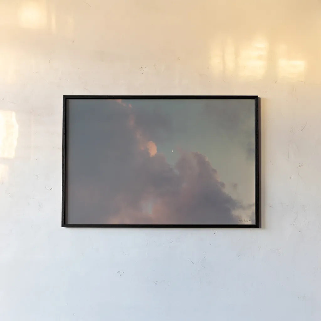 Sunset Crescent Moon by Jocelyn Elizabeth. shown as a paper print in a black flame. Available as a archival giclee rolled canvas, fine art paper, or poster print. SKU 102108i.