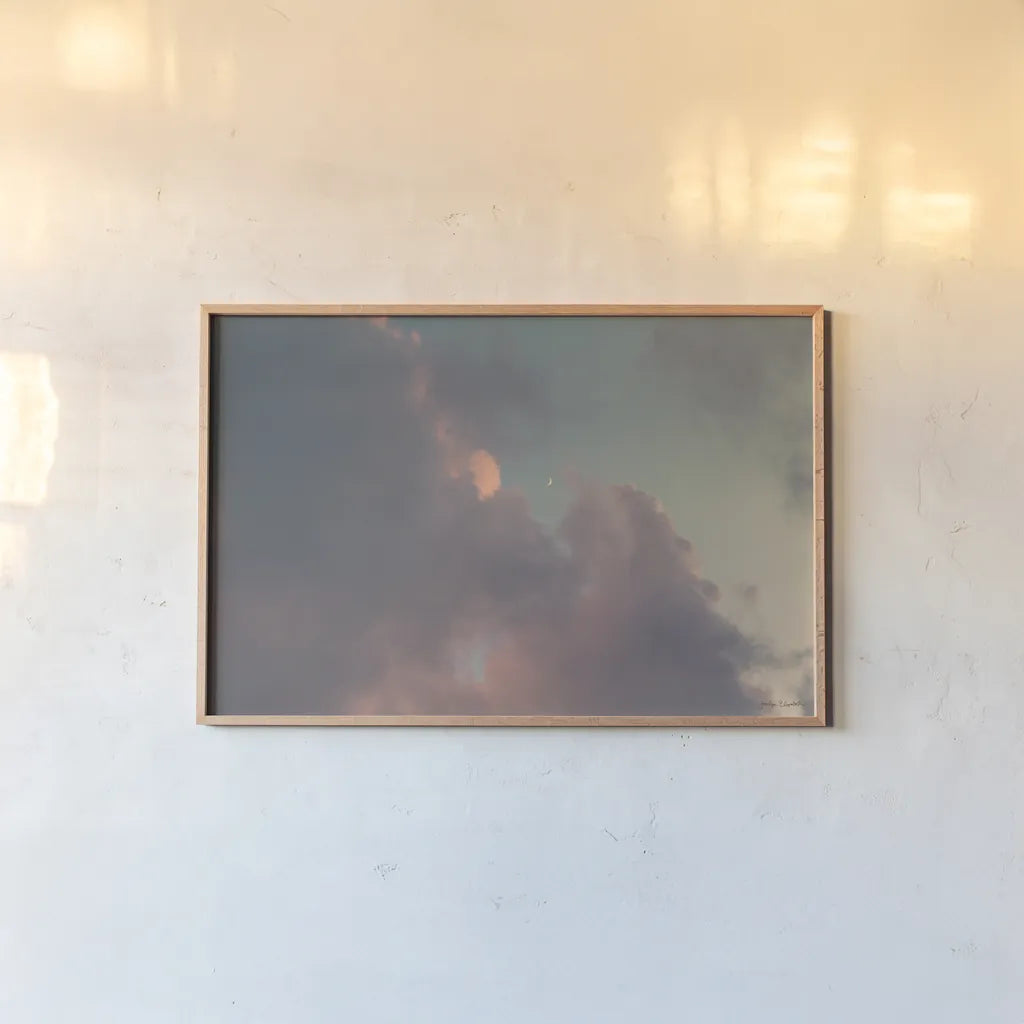 Sunset Crescent Moon by Jocelyn Elizabeth. shown as a paper print in a natural frame. Available as a archival giclee rolled canvas, fine art paper, or poster print. SKU 102108i.