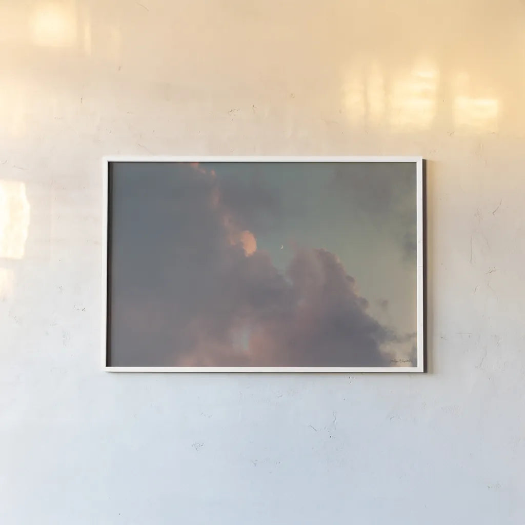 Sunset Crescent Moon by Jocelyn Elizabeth. shown as a paper print in a white frame. Available as a archival giclee rolled canvas, fine art paper, or poster print. SKU 102108i.