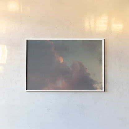 Sunset Crescent Moon by Jocelyn Elizabeth. shown as a paper print in a white frame. Available as a archival giclee rolled canvas, fine art paper, or poster print. SKU 102108i.