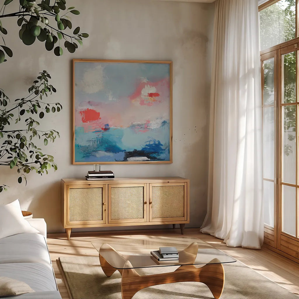 The Daydream an Echo I by Jocelyn Elizabeth. Shown in a natural wood frame in a cozy modern living room. Available as an archival giclee rolled canvas, fine art paper, or poster print. SKU 94093a.