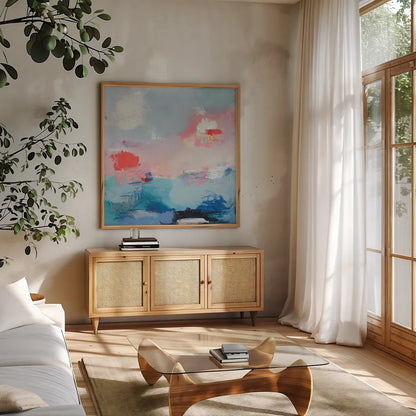 The Daydream an Echo I by Jocelyn Elizabeth. Shown in a natural wood frame in a cozy modern living room. Available as an archival giclee rolled canvas, fine art paper, or poster print. SKU 94093a.