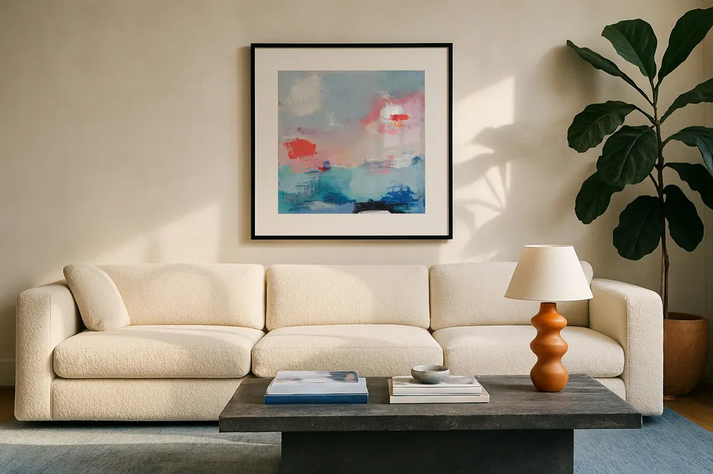 The Daydream an Echo I by Jocelyn Elizabeth. Displayed in a glass frame with matte in a clean modern living room. Available as an archival giclee rolled canvas, fine art paper, or poster print. SKU 94093a.