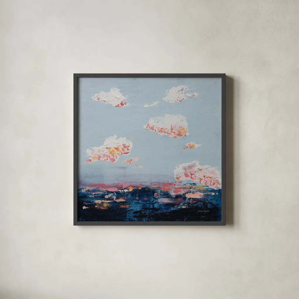 The Horizon I by Jocelyn Elizabeth. Shown in a sleek black glass frame for a contemporary gallery look. Available as an archival giclee rolled canvas, fine art paper, or poster print. SKU 102101a.