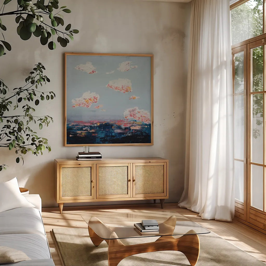 The Horizon I by Jocelyn Elizabeth. Shown in a natural wood frame in a cozy modern living room. Available as an archival giclee rolled canvas, fine art paper, or poster print. SKU 102101a.
