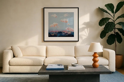 The Horizon I by Jocelyn Elizabeth. Displayed in a glass frame with matte in a clean modern living room. Available as an archival giclee rolled canvas, fine art paper, or poster print. SKU 102101a.