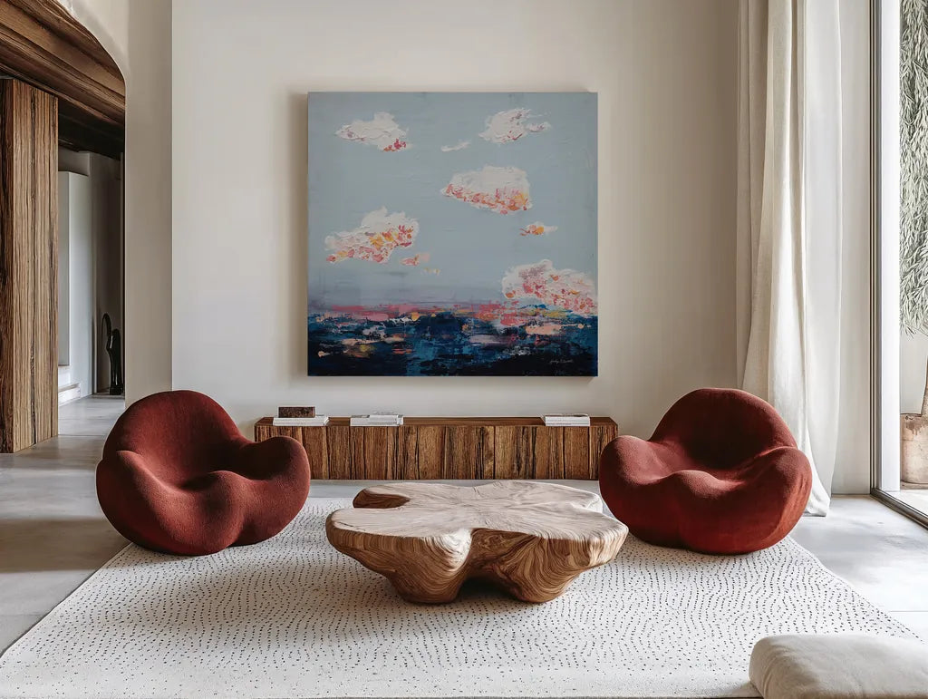 The Horizon I by Jocelyn Elizabeth. Shown as extra-large giant wall art in a modern living room. Available as an archival giclee rolled canvas, fine art paper, or poster print. SKU 102101a.