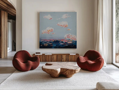 The Horizon I by Jocelyn Elizabeth. Shown as extra-large giant wall art in a modern living room. Available as an archival giclee rolled canvas, fine art paper, or poster print. SKU 102101a.