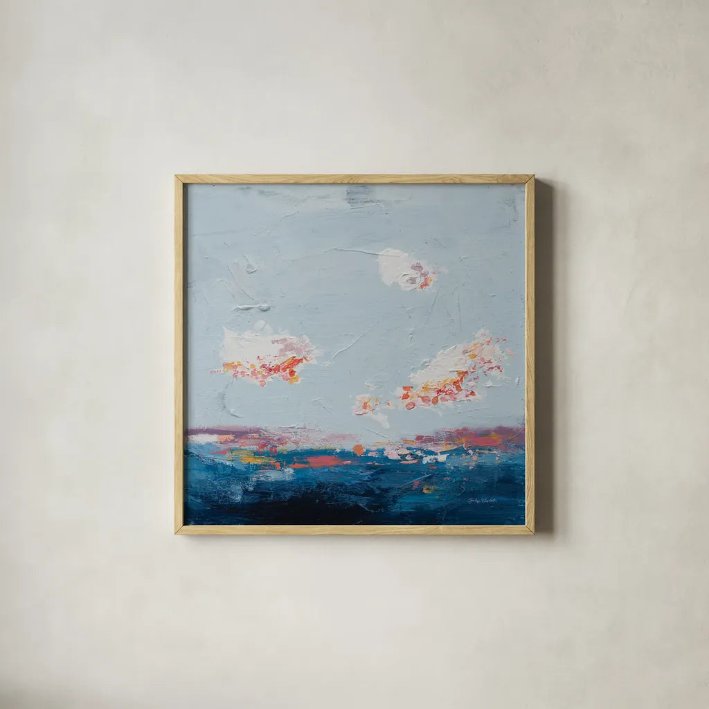The Horizon II by Jocelyn Elizabeth. Shown in a natural wood glass frame for a timeless modern aesthetic. Available as an archival giclee rolled canvas, fine art paper, or poster print. SKU 102102a.
