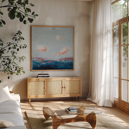 The Horizon II by Jocelyn Elizabeth. Shown in a natural wood frame in a cozy modern living room. Available as an archival giclee rolled canvas, fine art paper, or poster print. SKU 102102a.