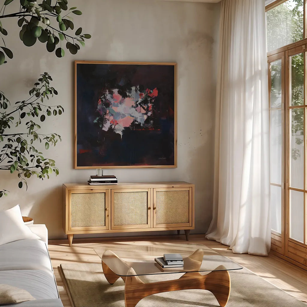 The Silent Treatment by Jocelyn Elizabeth. Shown in a natural wood frame in a cozy modern living room. Available as an archival giclee rolled canvas, fine art paper, or poster print. SKU 94117a.