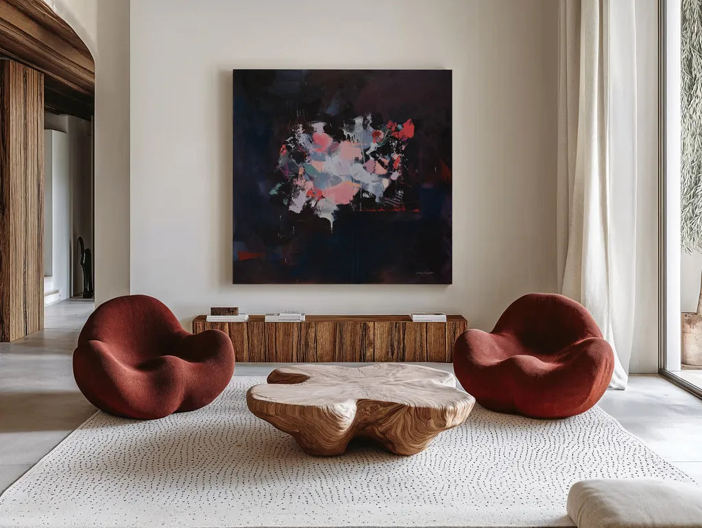 The Silent Treatment by Jocelyn Elizabeth. Shown as extra-large giant wall art in a modern living room. Available as an archival giclee rolled canvas, fine art paper, or poster print. SKU 94117a.