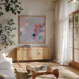 We Dont Talk Anymore by Jocelyn Elizabeth. Shown in a natural wood frame in a cozy modern living room. Available as an archival giclee rolled canvas, fine art paper, or poster print. SKU 94112a.