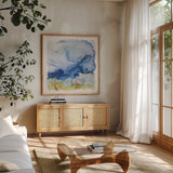 Weathering The Storm by Jocelyn Elizabeth. Shown in a natural wood frame in a cozy modern living room. Available as an archival giclee rolled canvas, fine art paper, or poster print. SKU 94942a.