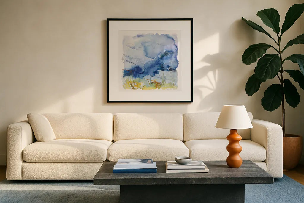 Weathering The Storm by Jocelyn Elizabeth. Displayed in a glass frame with matte in a clean modern living room. Available as an archival giclee rolled canvas, fine art paper, or poster print. SKU 94942a.