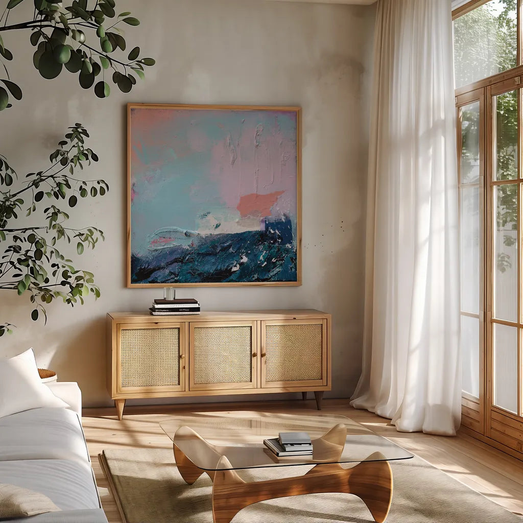 What If by Jocelyn Elizabeth. Shown in a natural wood frame in a cozy modern living room. Available as an archival giclee rolled canvas, fine art paper, or poster print. SKU 94111a.