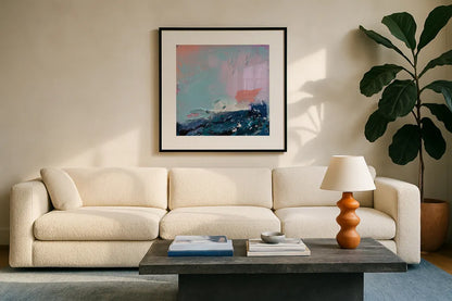 What If by Jocelyn Elizabeth. Displayed in a glass frame with matte in a clean modern living room. Available as an archival giclee rolled canvas, fine art paper, or poster print. SKU 94111a.