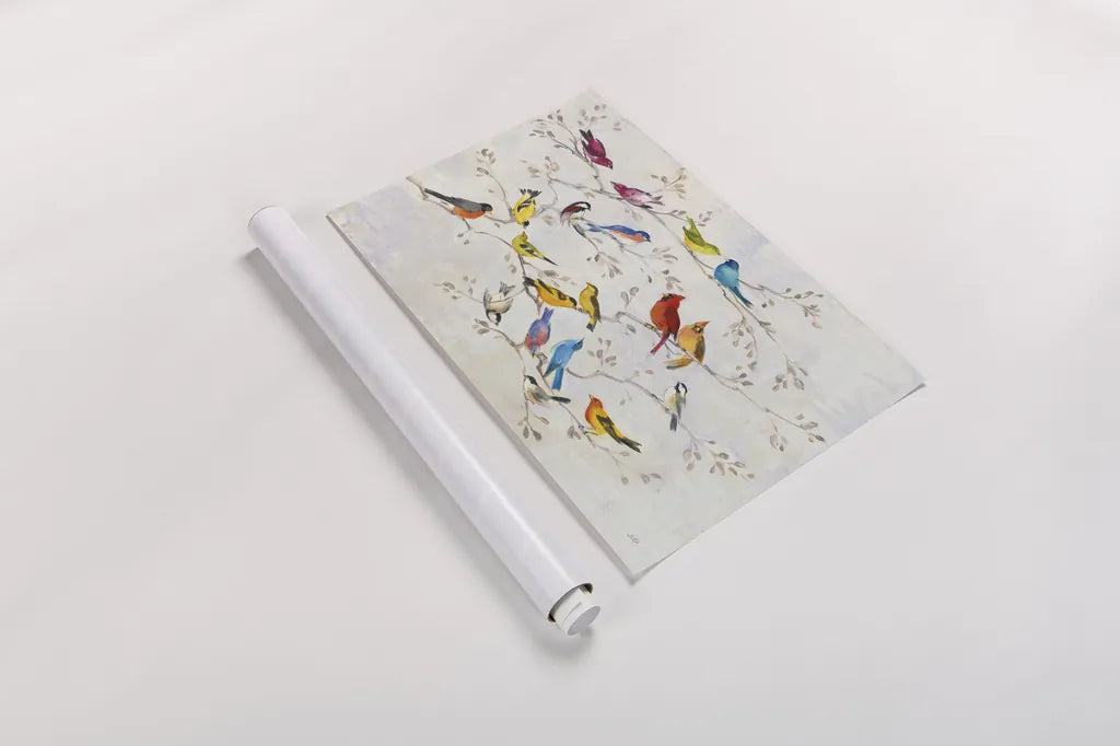 A Little Bird Told Me by Julia Purinton. shown as a rolled paper print. Available as archival giclee rolled canvas, fine art paper, or poster print. SKU 45733i.