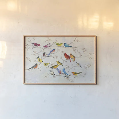 A Little Bird Told Me by Julia Purinton. shown as a paper print in a natural frame. Available as a archival giclee rolled canvas, fine art paper, or poster print. SKU 45733i.