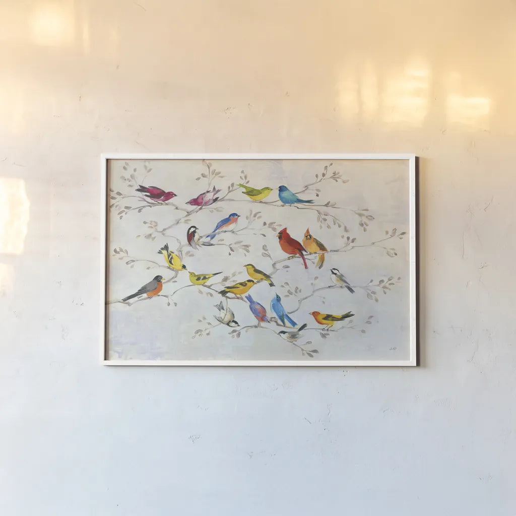 A Little Bird Told Me by Julia Purinton. shown as a paper print in a white frame. Available as a archival giclee rolled canvas, fine art paper, or poster print. SKU 45733i.