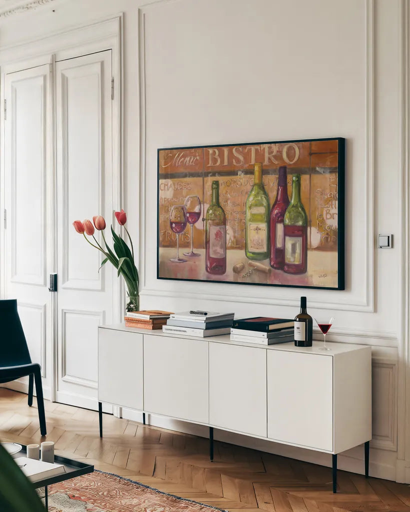 A Night at the Bistro by Julia Purinton. shown as a framed stretched canvas in a living room above a console. Available as a archival giclee rolled canvas, fine art paper, or poster print. SKU 20983i.