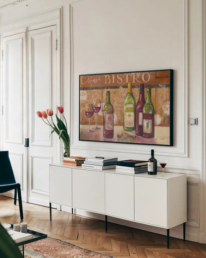 A Night at the Bistro by Julia Purinton. shown as a framed stretched canvas in a living room above a console. Available as a archival giclee rolled canvas, fine art paper, or poster print. SKU 20983i.