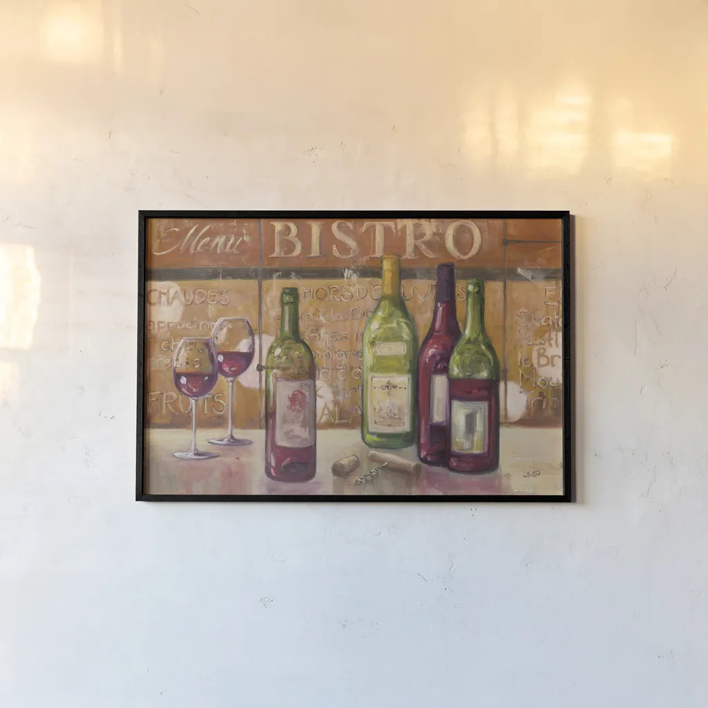 A Night at the Bistro by Julia Purinton. shown as a paper print in a black flame. Available as a archival giclee rolled canvas, fine art paper, or poster print. SKU 20983i.
