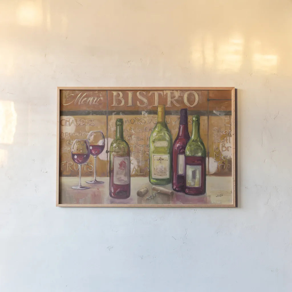 A Night at the Bistro by Julia Purinton. shown as a paper print in a natural frame. Available as a archival giclee rolled canvas, fine art paper, or poster print. SKU 20983i.