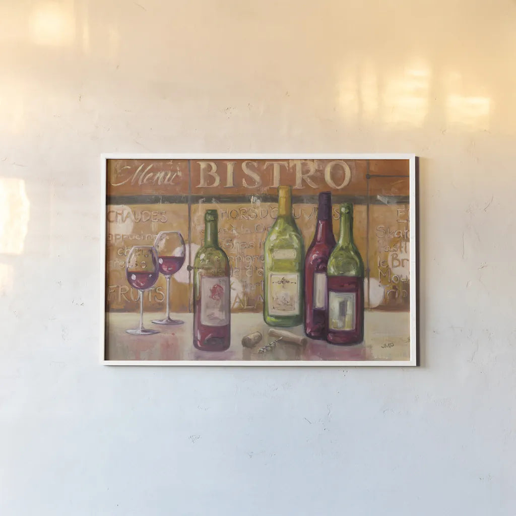 A Night at the Bistro by Julia Purinton. shown as a paper print in a white frame. Available as a archival giclee rolled canvas, fine art paper, or poster print. SKU 20983i.