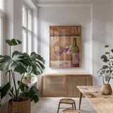 A Night at the Bistro II by Julia Purinton. shown as a print in a natural wood frame in a dining room. Available as a archival giclee rolled canvas, fine art paper, or poster print. SKU 37750h.