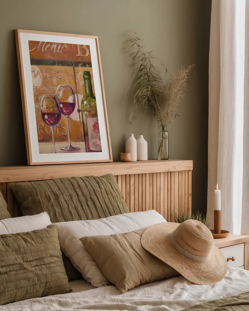 A Night at the Bistro II by Julia Purinton. shown as a paper print in a natural frame. Available as a archival giclee rolled canvas, fine art paper, or poster print. SKU 37750h.