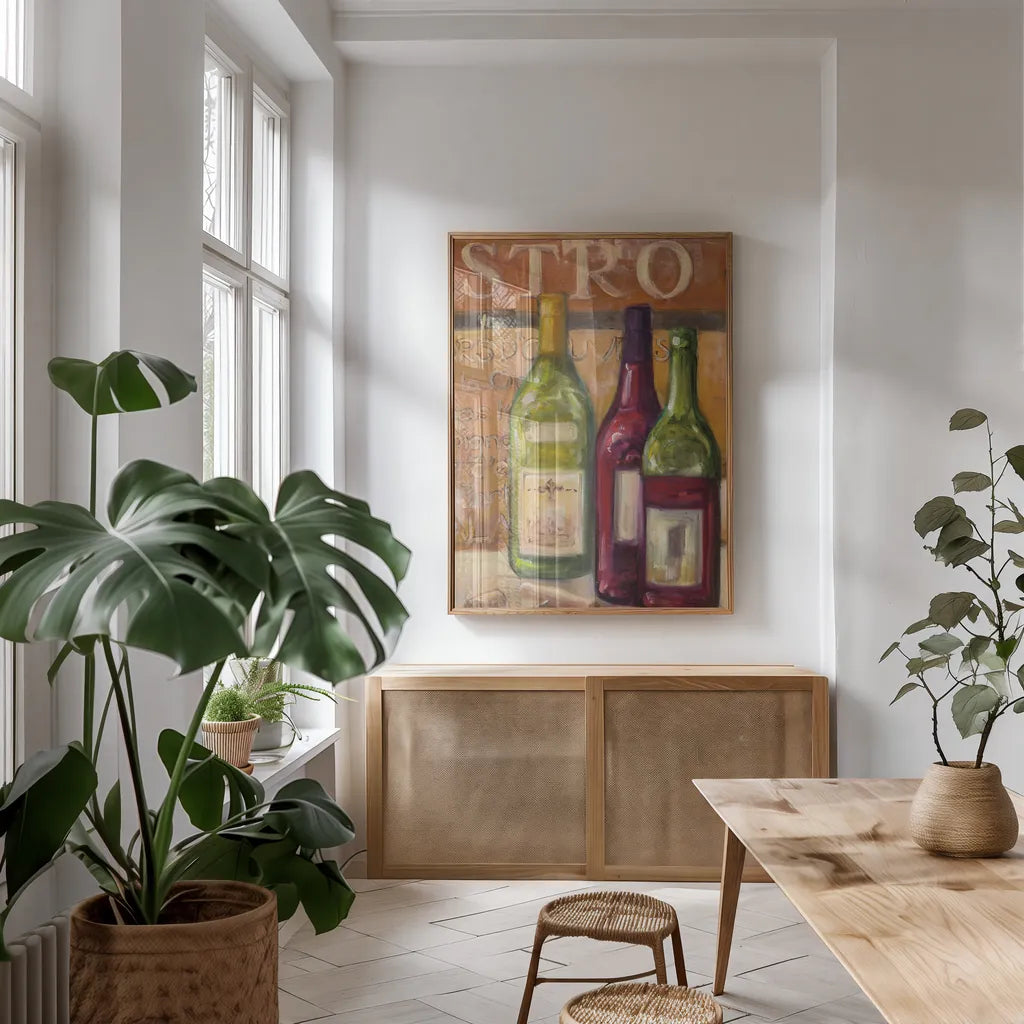 A Night at the Bistro III by Julia Purinton. shown as a print in a natural wood frame in a dining room. Available as a archival giclee rolled canvas, fine art paper, or poster print. SKU 37749h.