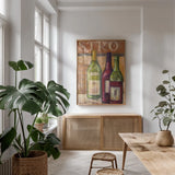 A Night at the Bistro III by Julia Purinton. shown as a print in a natural wood frame in a dining room. Available as a archival giclee rolled canvas, fine art paper, or poster print. SKU 37749h.