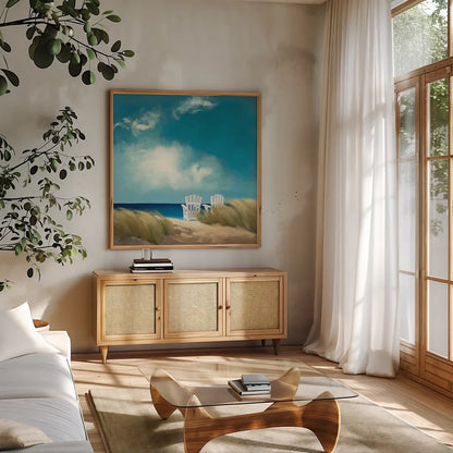 A Perfect Day by Julia Purinton. Shown in a natural wood frame in a cozy modern living room. Available as an archival giclee rolled canvas, fine art paper, or poster print. SKU 11122a.