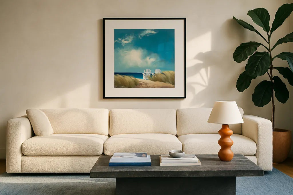 A Perfect Day by Julia Purinton. Displayed in a glass frame with matte in a clean modern living room. Available as an archival giclee rolled canvas, fine art paper, or poster print. SKU 11122a.